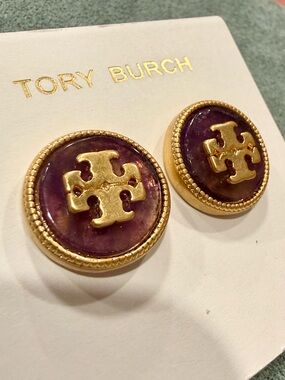 Tory Burch | Gold Plated Logo & Purple Enamel Stud Earrings